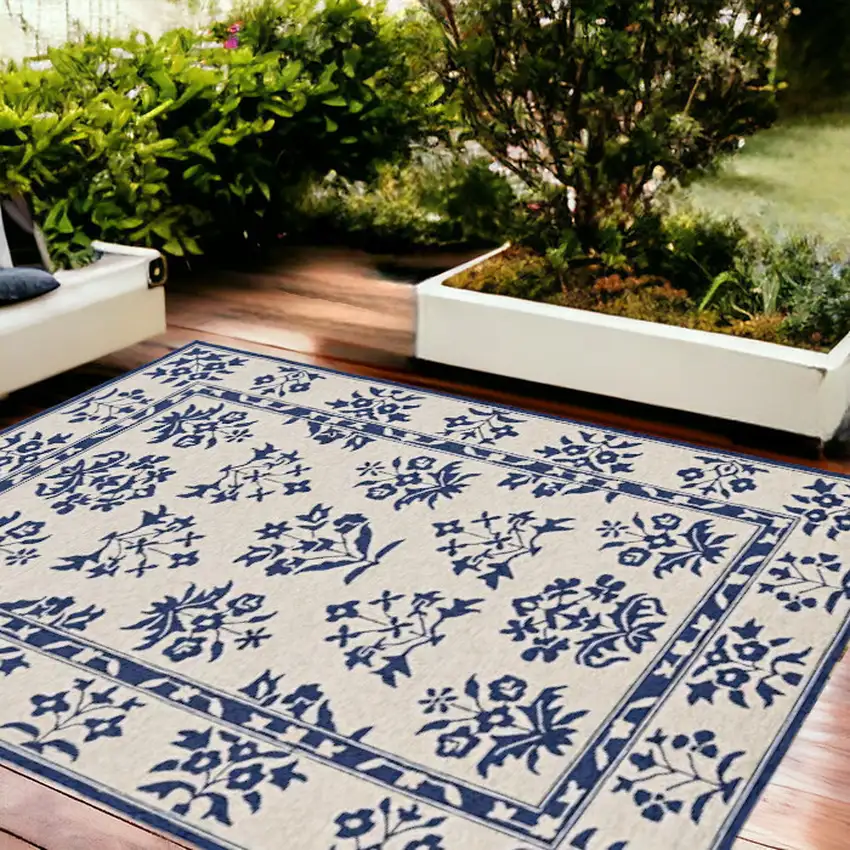 8'X10' Sand Blue Hand Woven Uv Treated Bordered Floral Traditional Indoor Outdoor Area Rug Photo 2