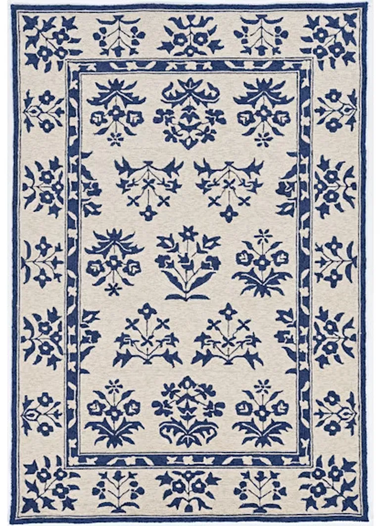 Sand Blue Hand Woven UV Treated Bordered Floral Traditional Indoor Outdoor Area Rug Photo 2