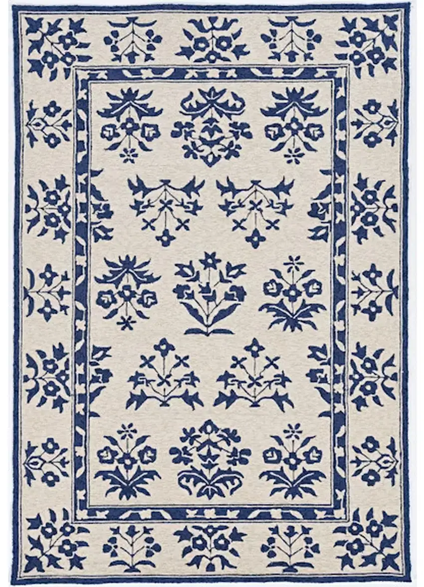 8'X10' Sand Blue Hand Woven Uv Treated Bordered Floral Traditional Indoor Outdoor Area Rug Photo 1