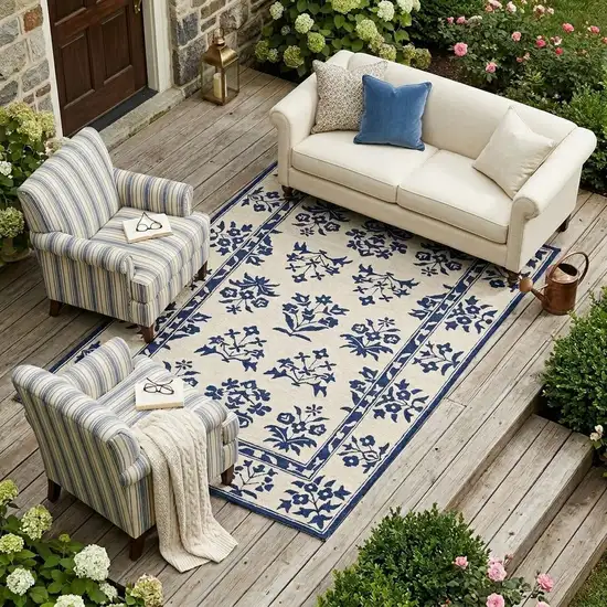 Blue Round Floral Handmade Indoor Outdoor Area Rug Photo 1