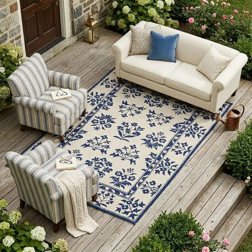 Blue Round Floral Handmade Indoor Outdoor Area Rug Photo 1