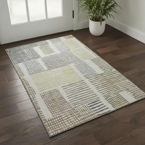 Sand Brown And Ivory Geometric Washable Area Rug With UV Protection Photo 2