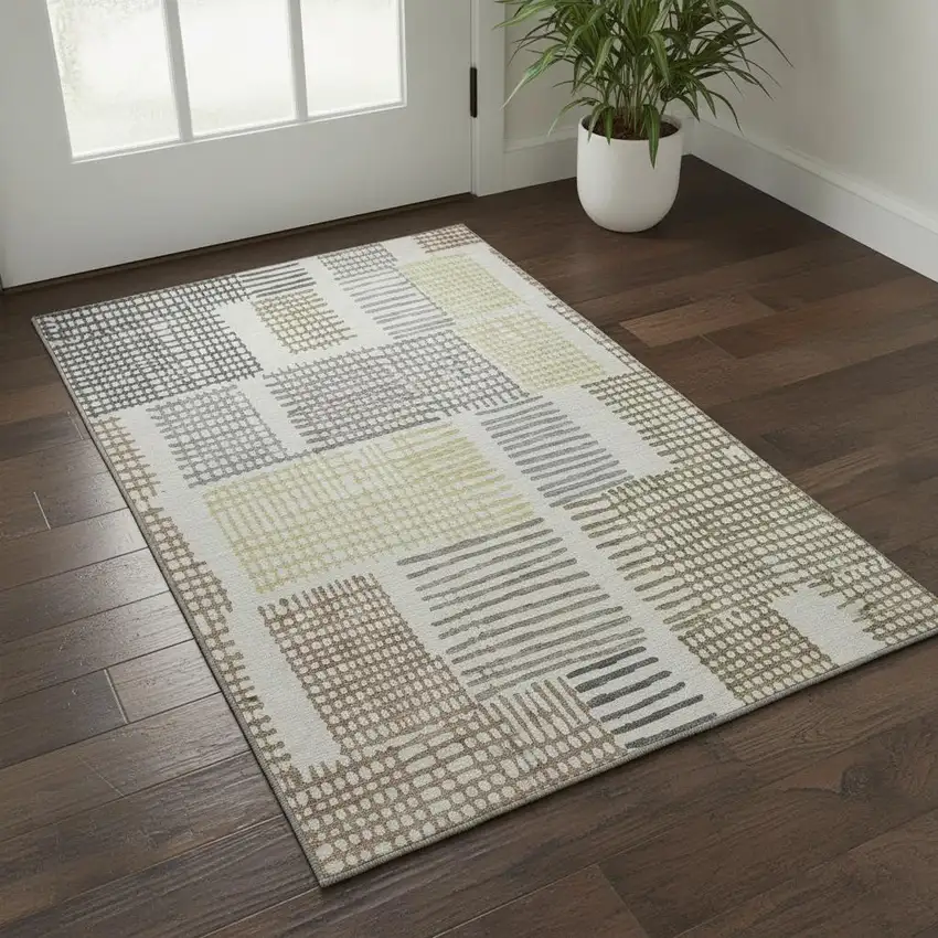 Sand Brown And Ivory Geometric Washable Area Rug With UV Protection Photo 2