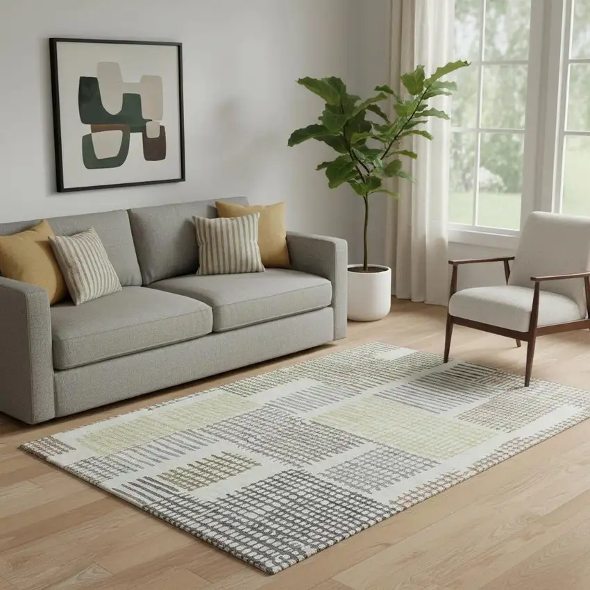 Sand Brown And Ivory Geometric Washable Area Rug With UV Protection Photo 2