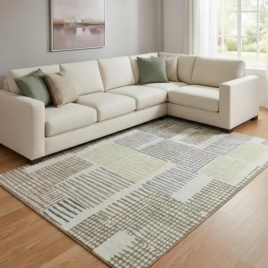 Sand Brown And Ivory Geometric Washable Area Rug With UV Protection Photo 2