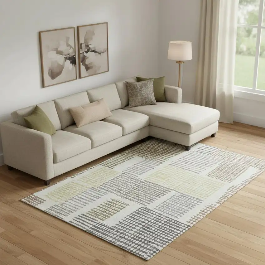 Sand Brown And Ivory Geometric Washable Area Rug With UV Protection Photo 2