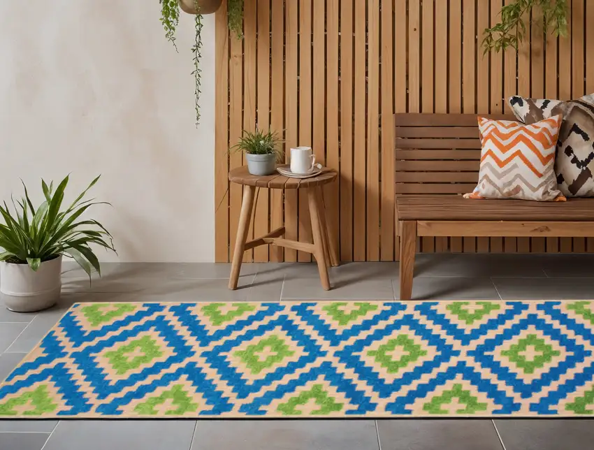 Blue and Beige Geometric Stain Resistant Indoor Outdoor Area Rug Photo 1