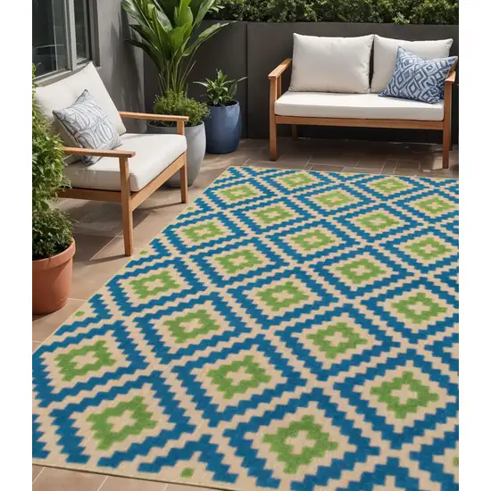 Blue and Beige Geometric Stain Resistant Indoor Outdoor Area Rug Photo 1