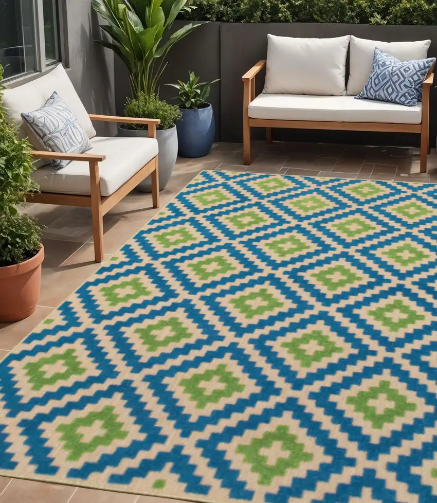 Blue and Beige Geometric Stain Resistant Indoor Outdoor Area Rug Photo 1
