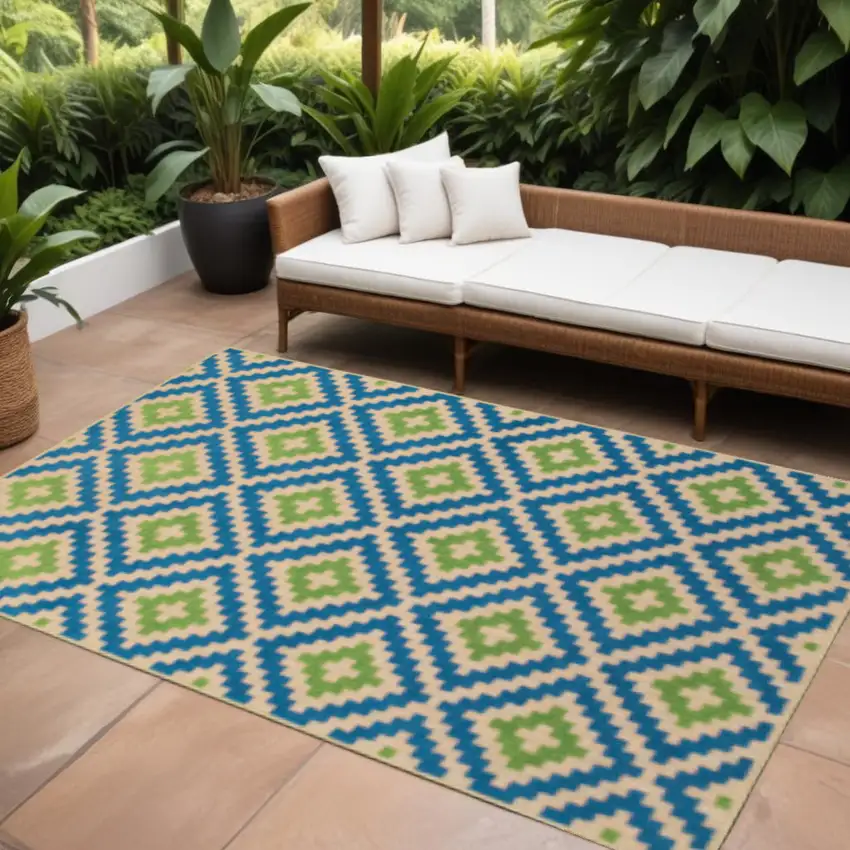 Blue and Beige Geometric Stain Resistant Indoor Outdoor Area Rug Photo 5
