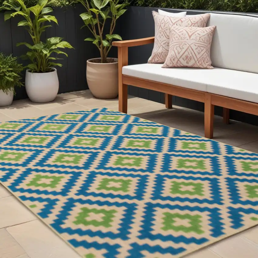 Blue and Beige Geometric Stain Resistant Indoor Outdoor Area Rug Photo 1