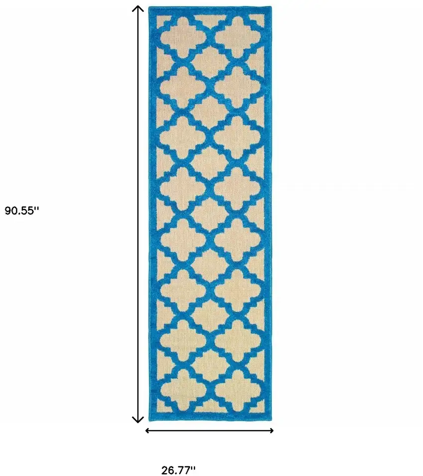Blue and Beige Geometric Stain Resistant Indoor Outdoor Area Rug Photo 6