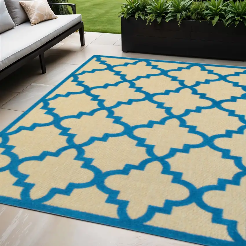Blue and Beige Geometric Stain Resistant Indoor Outdoor Area Rug Photo 1
