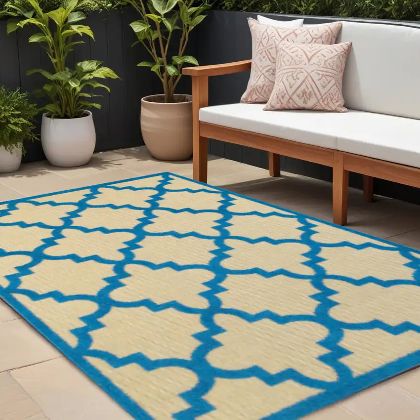 Blue and Beige Geometric Stain Resistant Indoor Outdoor Area Rug Photo 1