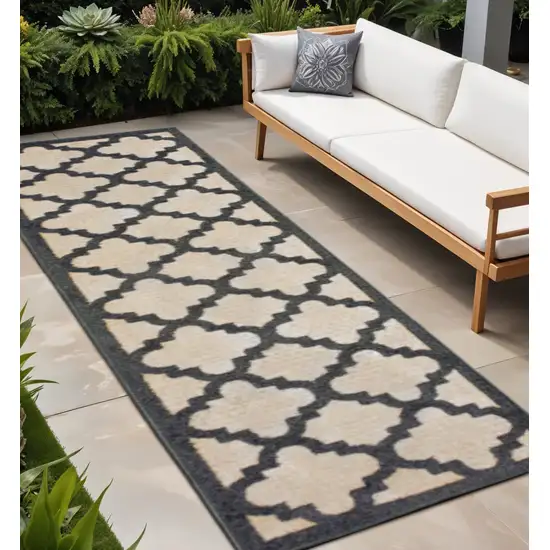 Beige and Black Geometric Stain Resistant Indoor Outdoor Area Rug Photo 1