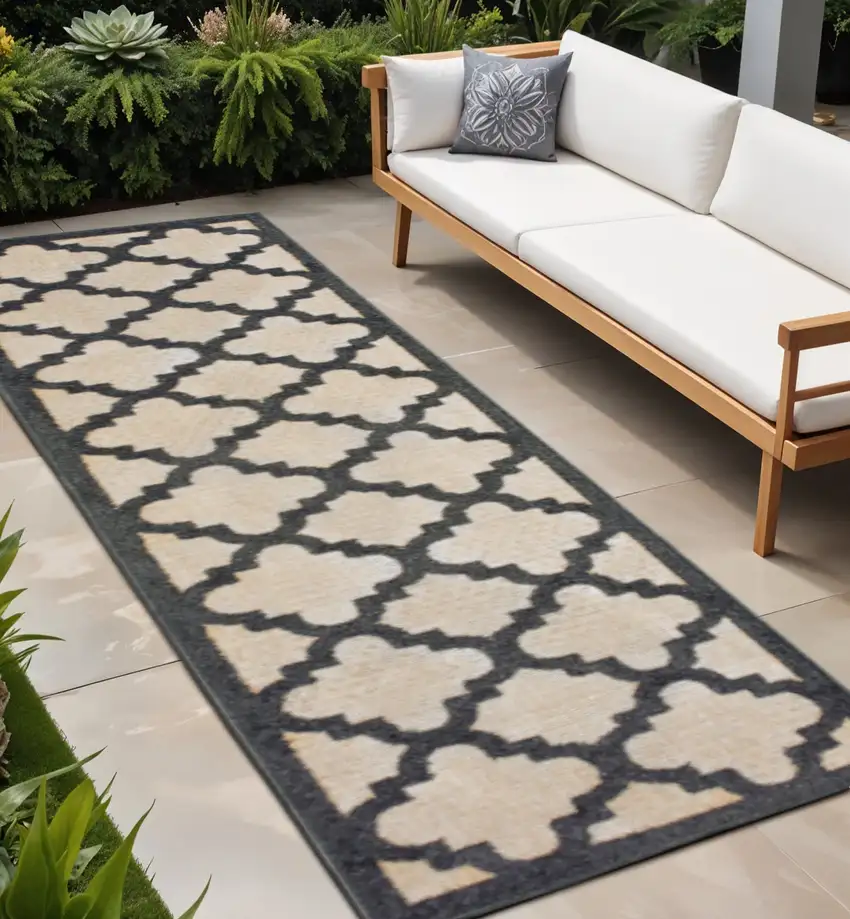 Beige and Black Geometric Stain Resistant Indoor Outdoor Area Rug Photo 1