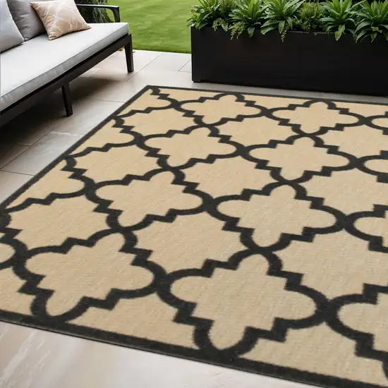 Beige and Black Geometric Stain Resistant Indoor Outdoor Area Rug Photo 1