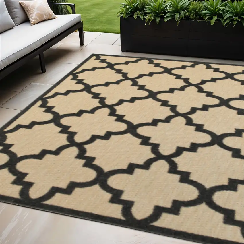Beige and Black Geometric Stain Resistant Indoor Outdoor Area Rug Photo 1