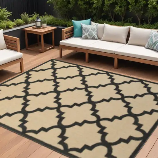 Beige and Black Geometric Stain Resistant Indoor Outdoor Area Rug Photo 1