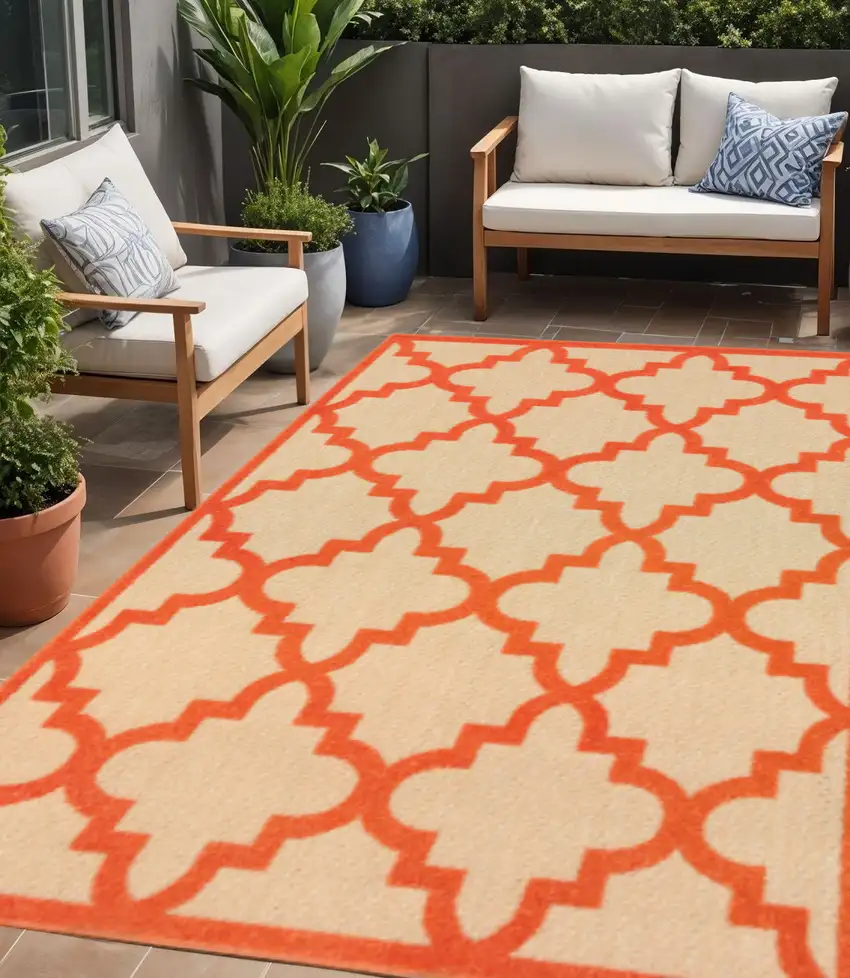 Orange Geometric Stain Resistant Indoor Outdoor Area Rug Photo 1