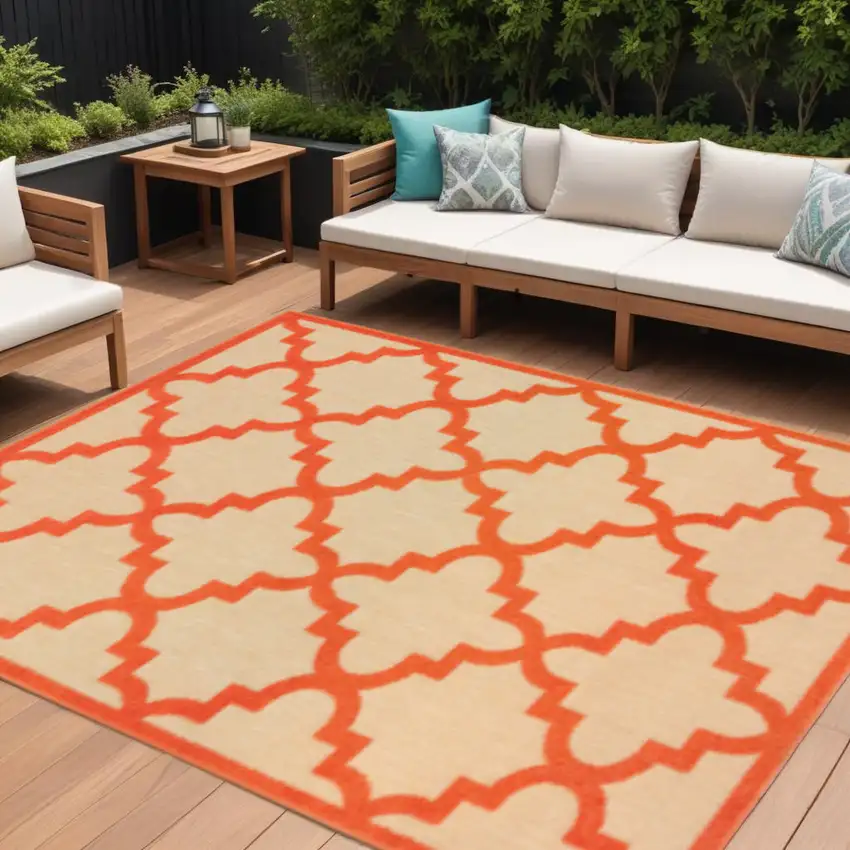 Orange Geometric Stain Resistant Indoor Outdoor Area Rug Photo 1