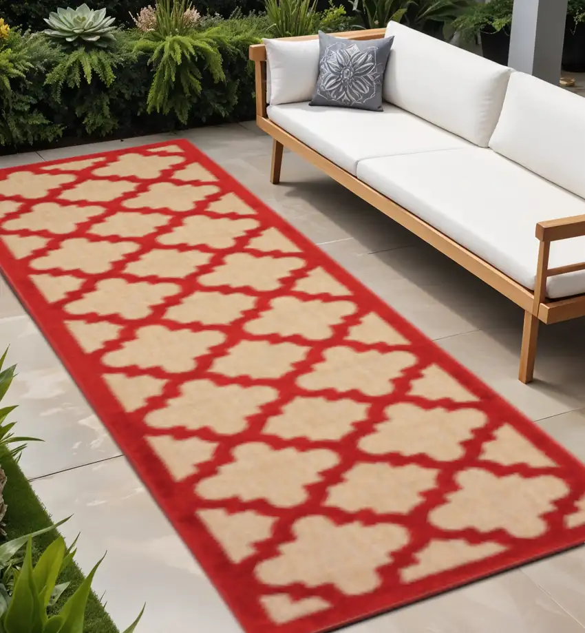 Red Geometric Stain Resistant Indoor Outdoor Area Rug Photo 1