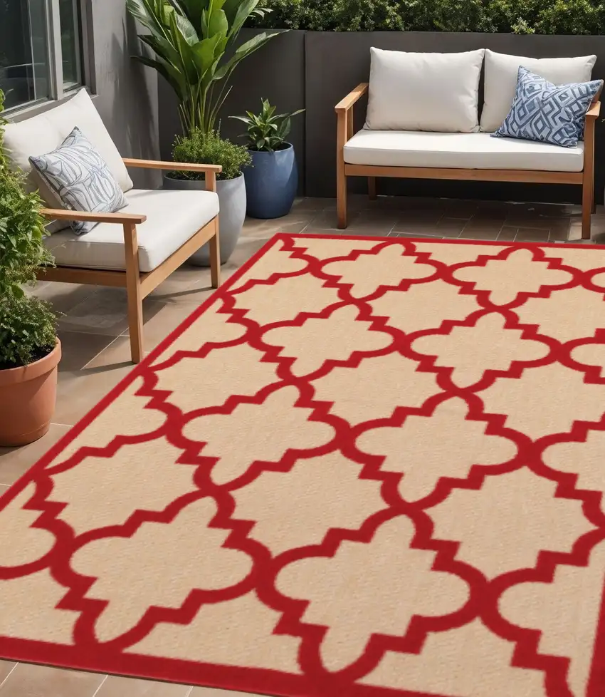 Red Geometric Stain Resistant Indoor Outdoor Area Rug Photo 1