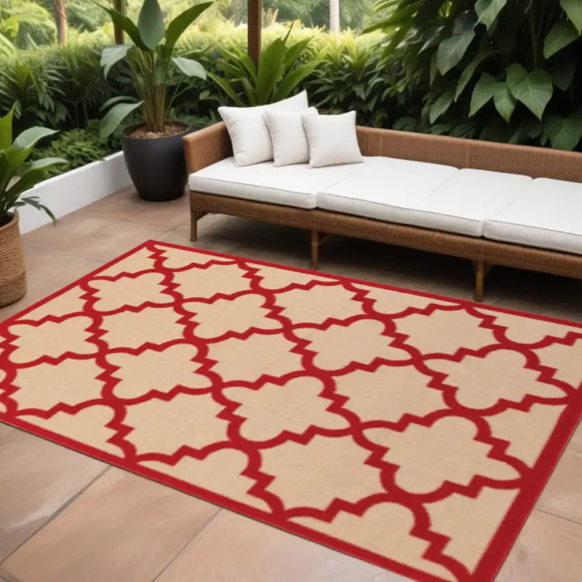 Red Geometric Stain Resistant Indoor Outdoor Area Rug Photo 1