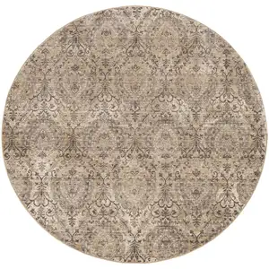 Photo of Sand Grey Machine Woven Distressed Traditional Round Area Rug