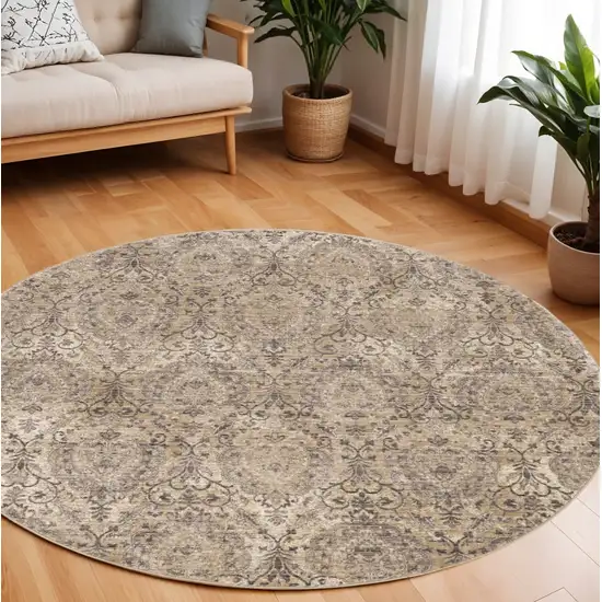 7' Sand And Charcoal Damask Round Rug Photo 1