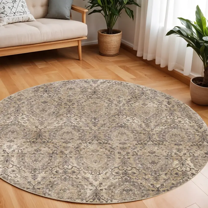 7' Sand And Charcoal Damask Round Rug Photo 1