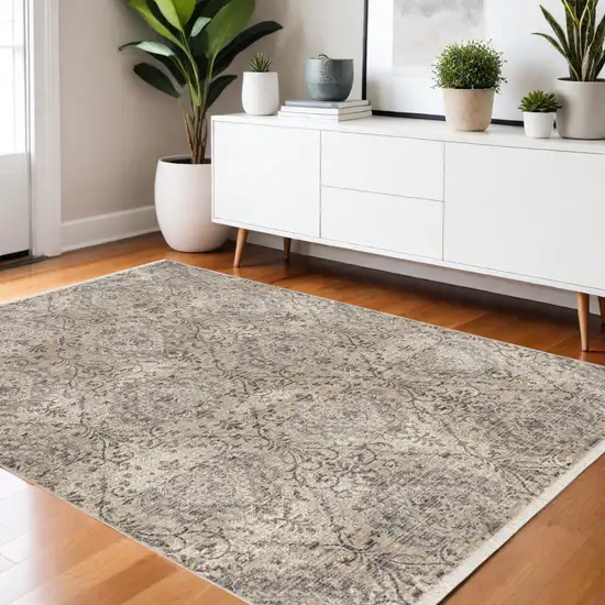 Sand And Charcoal Damask Area Rug Photo 1