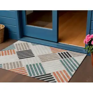 Photo of Sand Ivory And Black Geometric Washable Indoor Outdoor Area Rug