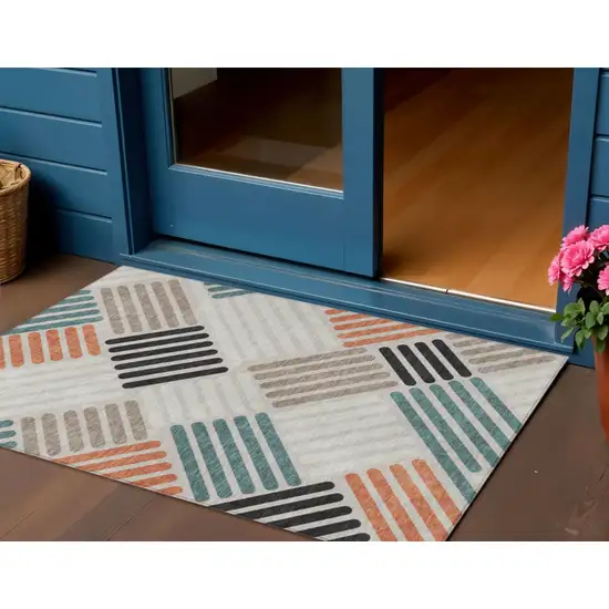 Sand Ivory And Black Geometric Washable Indoor Outdoor Area Rug Photo 1