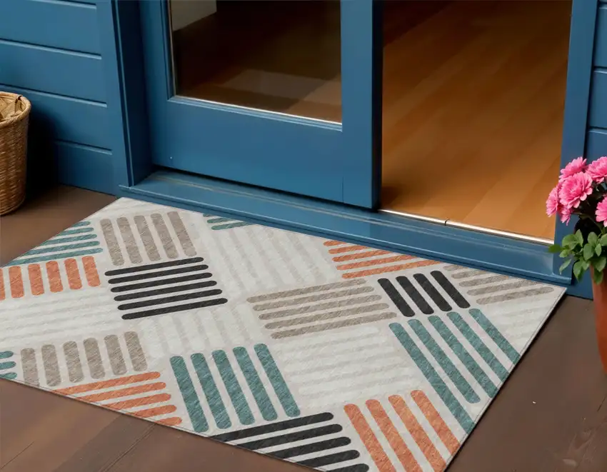 Sand Ivory And Black Geometric Washable Indoor Outdoor Area Rug Photo 1