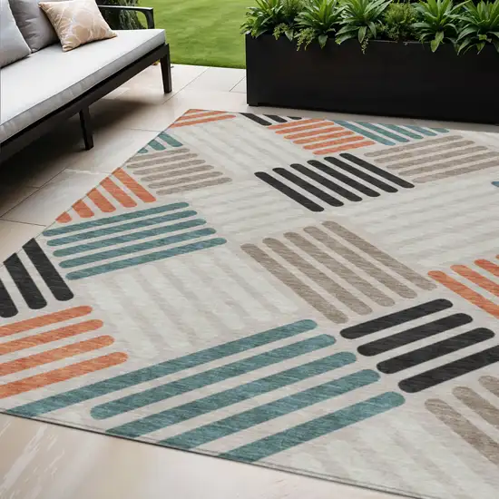 Sand Ivory And Black Geometric Washable Indoor Outdoor Area Rug Photo 1