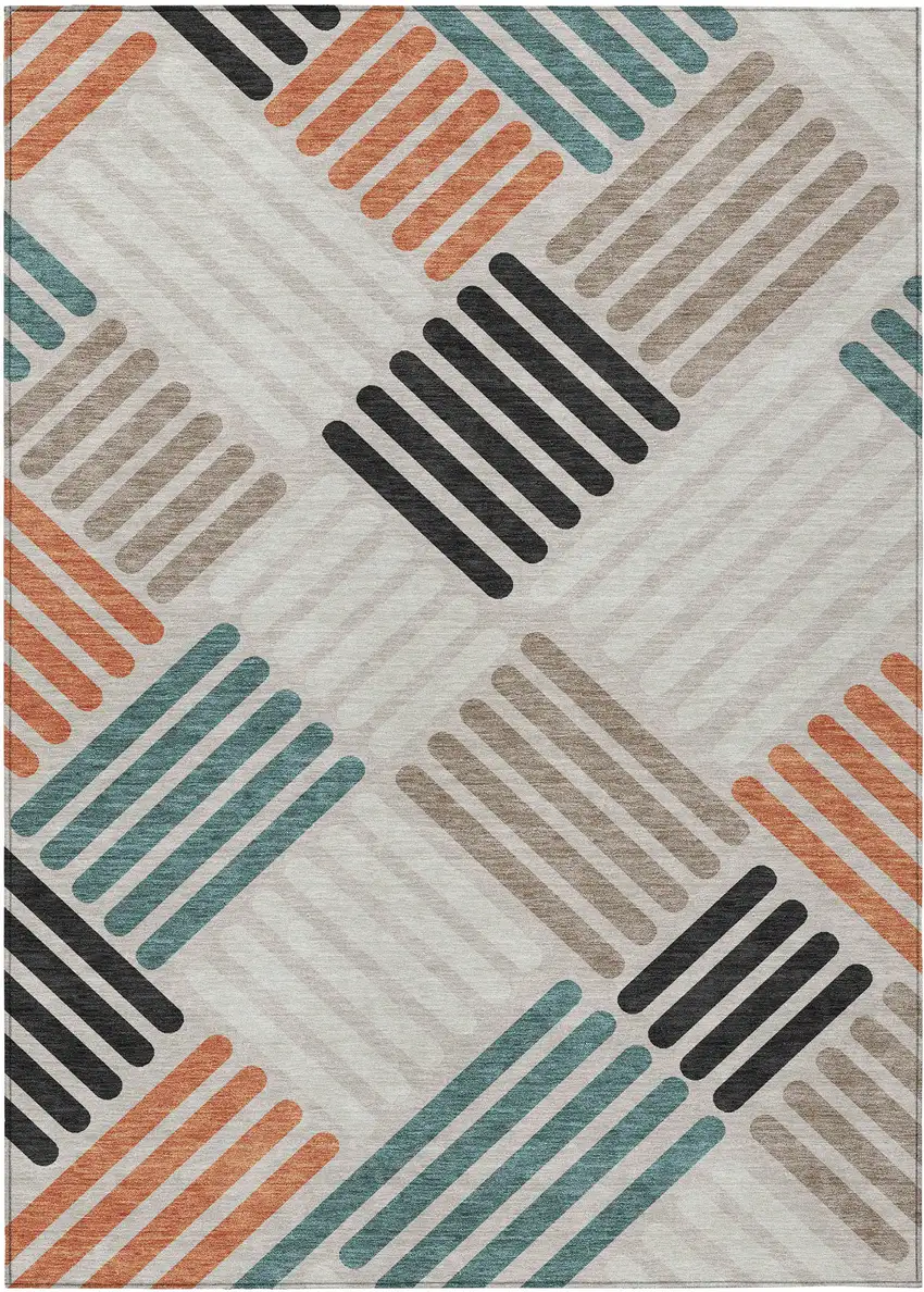 Sand Ivory And Black Geometric Washable Indoor Outdoor Area Rug Photo 2