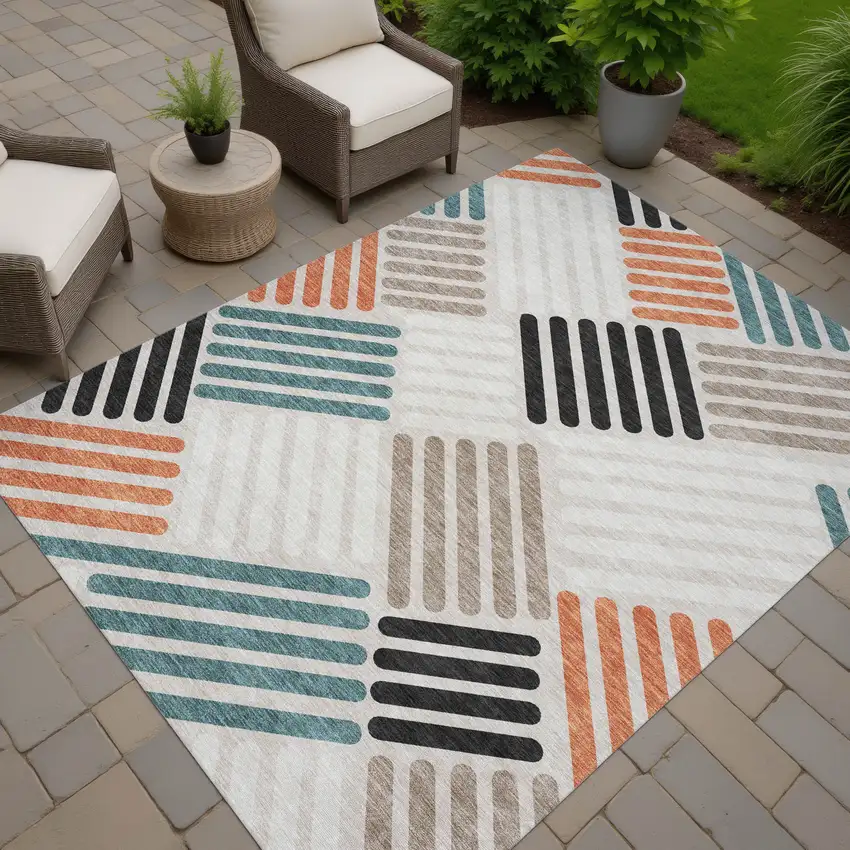 Sand Ivory And Black Geometric Washable Indoor Outdoor Area Rug Photo 8