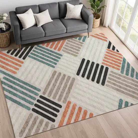 Sand Ivory And Black Geometric Washable Indoor Outdoor Area Rug Photo 9