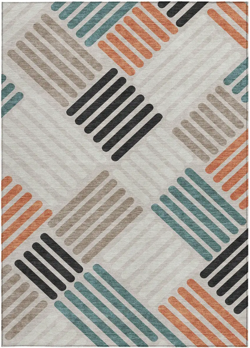 Sand Ivory And Black Geometric Washable Indoor Outdoor Area Rug Photo 4