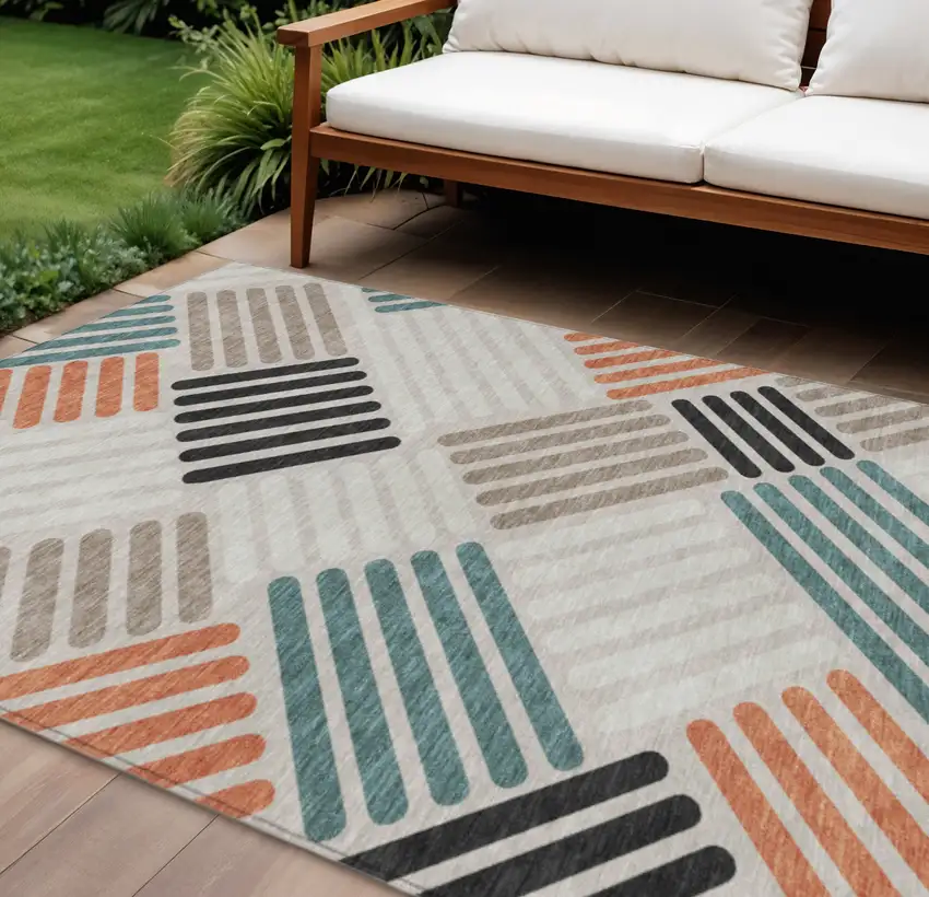 Sand Ivory And Black Geometric Washable Indoor Outdoor Area Rug Photo 1