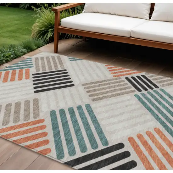 Sand Ivory And Black Geometric Washable Indoor Outdoor Area Rug Photo 1