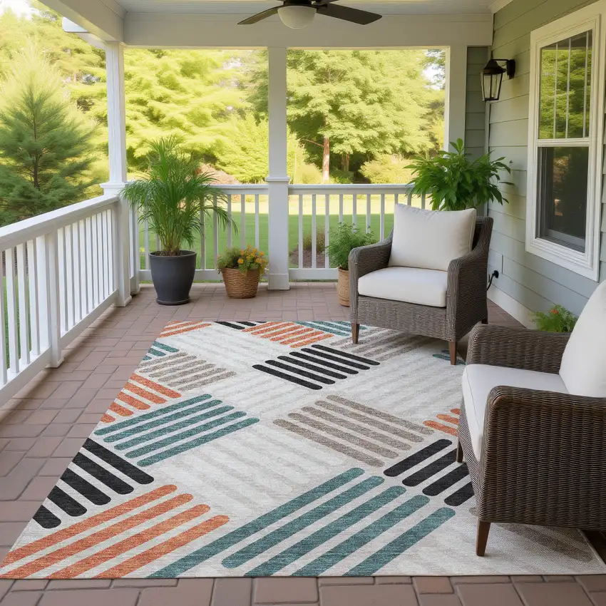 Sand Ivory And Black Geometric Washable Indoor Outdoor Area Rug Photo 9