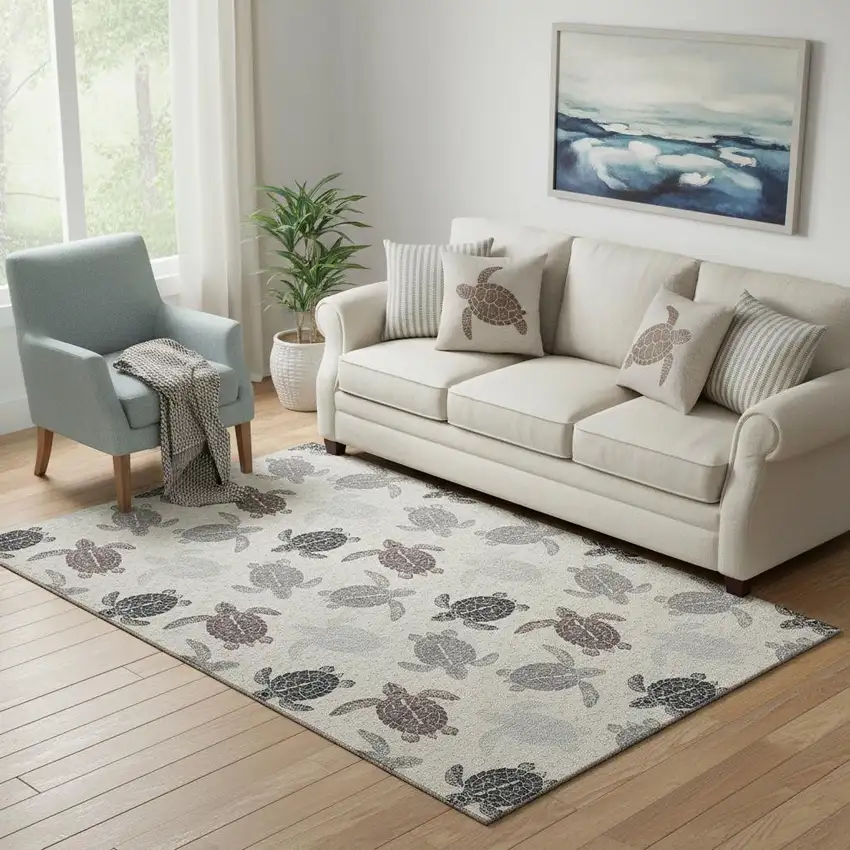 Sand Ivory And Gray Geometric Washable Area Rug With UV Protection Photo 1