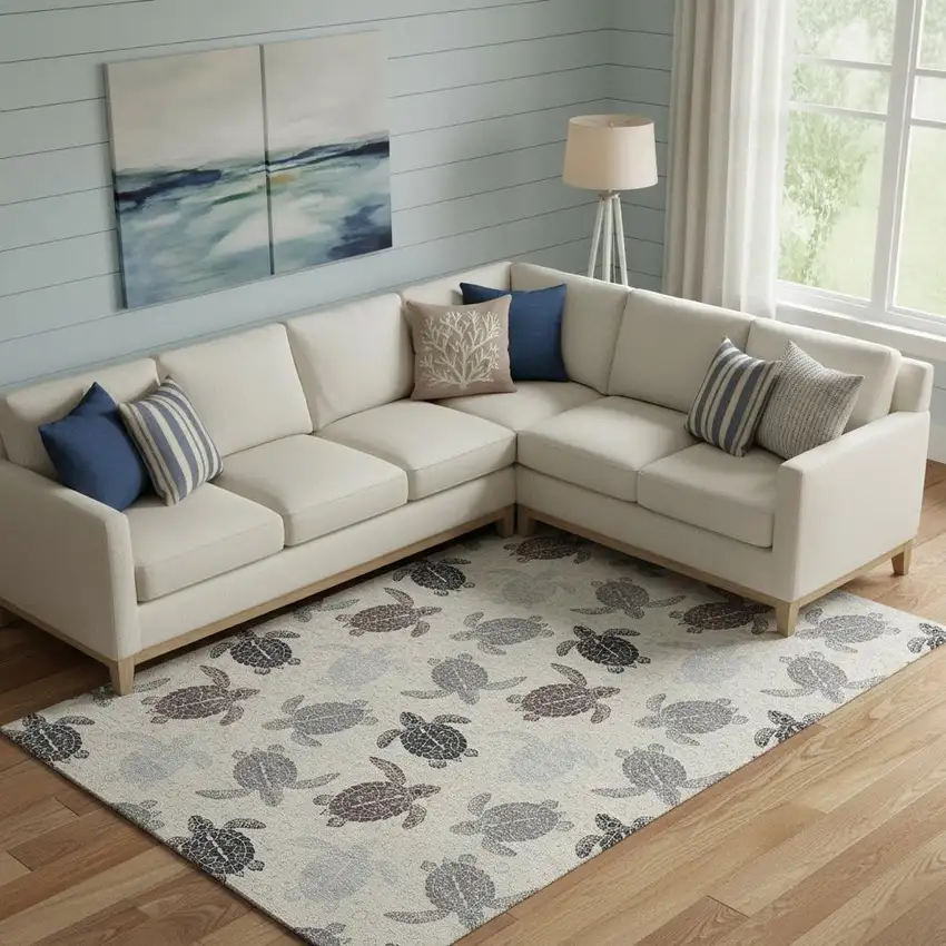 Sand Ivory And Gray Geometric Washable Area Rug With UV Protection Photo 1