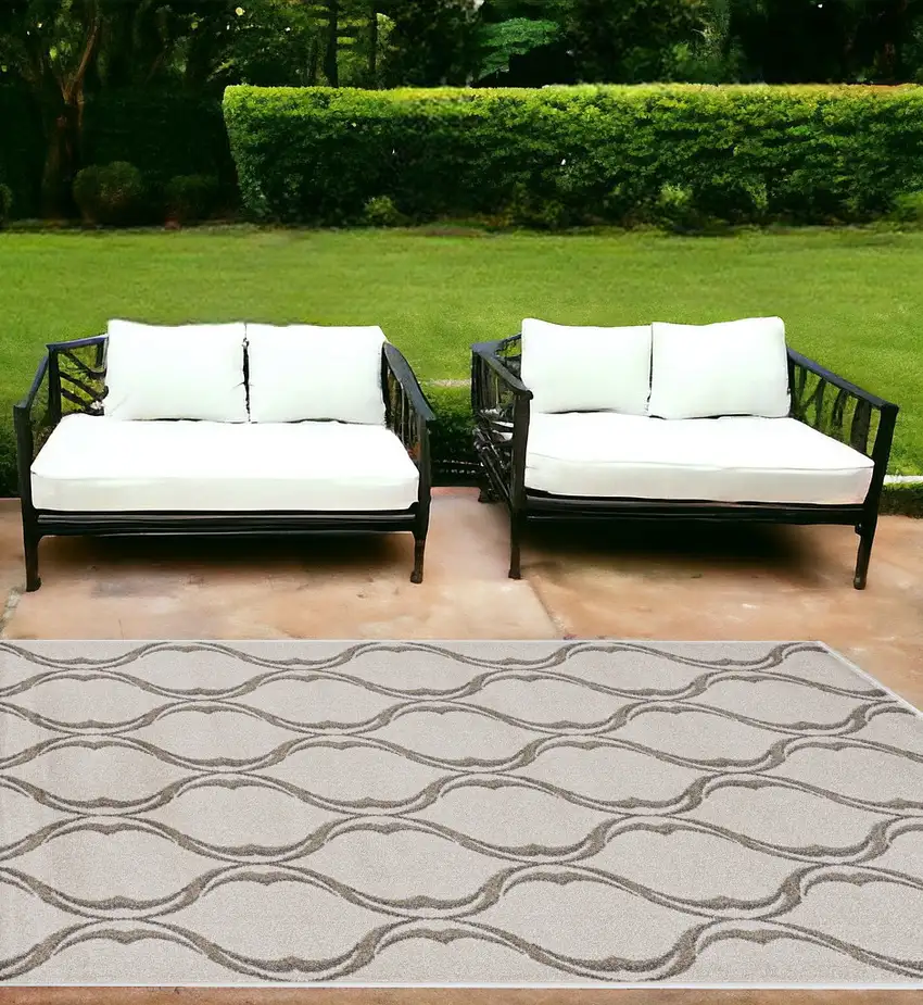 7'X11' Sand Ivory Machine Woven Uv Treated Ogee Indoor Outdoor Area Rug Photo 1