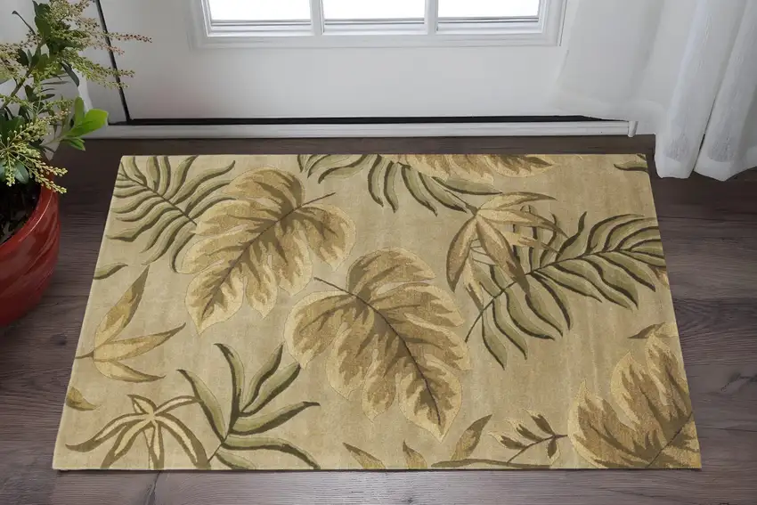 Sand And Beige Wool Botanical Leaves Hand Tufted Area Rug Photo 1