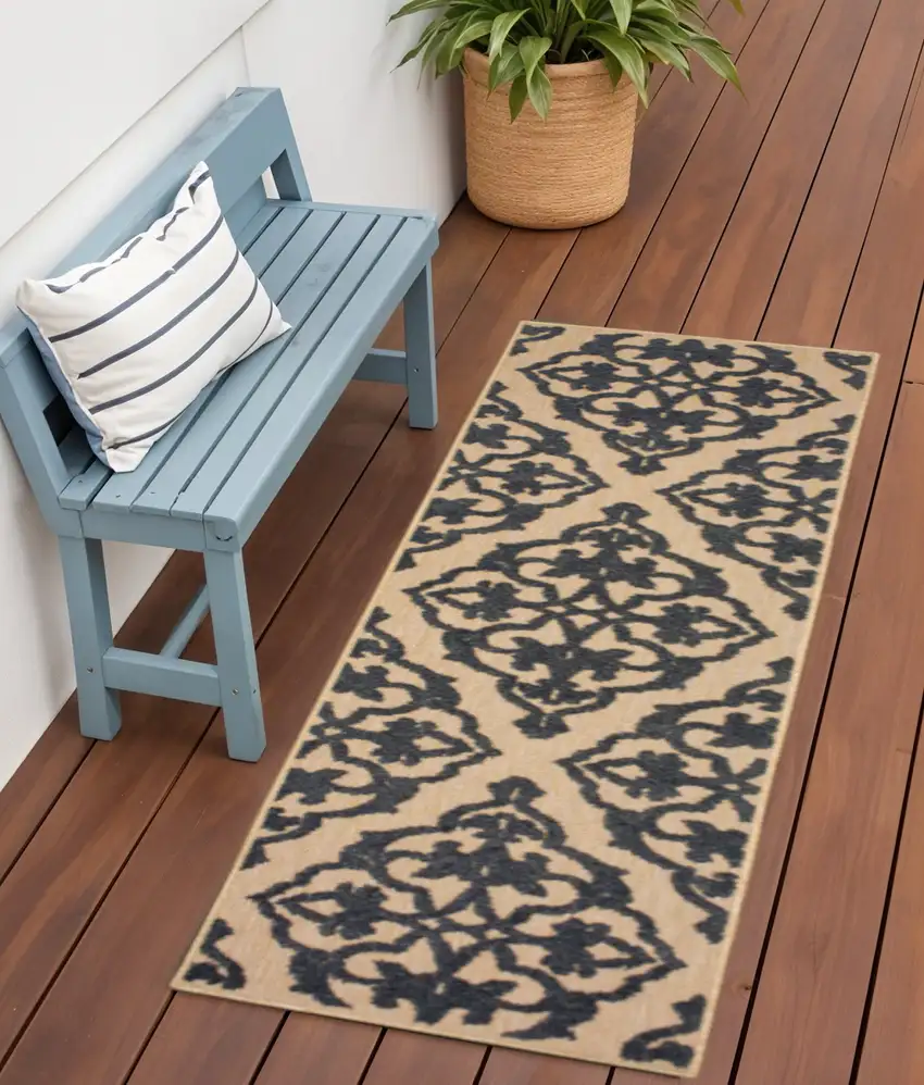 Beige and Black Oriental Stain Resistant Indoor Outdoor Area Rug Photo 1
