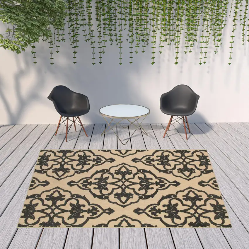 Sand Oriental Stain Resistant Indoor Outdoor Area Rug Photo 2