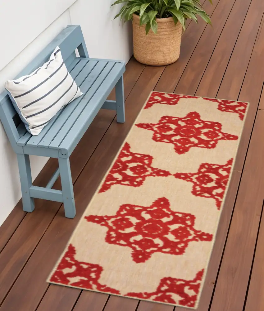 Red Oriental Stain Resistant Indoor Outdoor Area Rug Photo 1